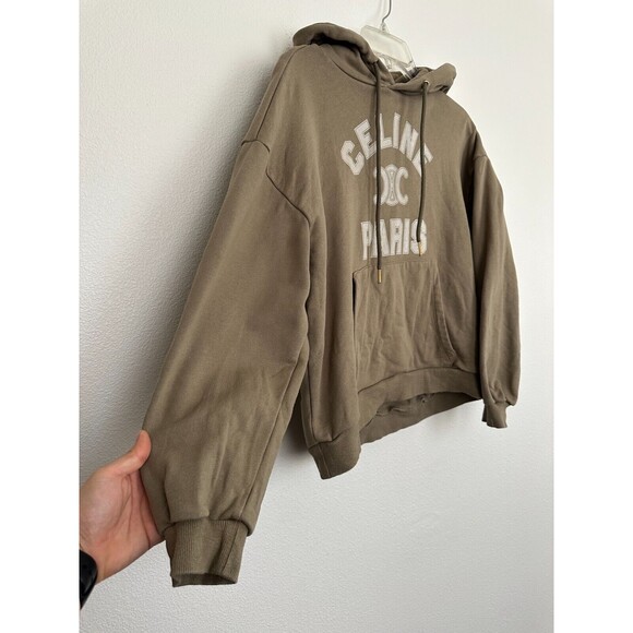 Celine Women's Cropped Hoodie Logo Spellout Autumn/Winter Collection Green Small - Picture 5 of 11